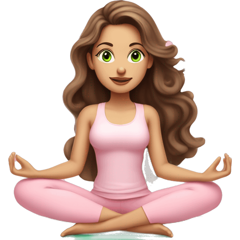 Brunette long curled hair and green eyes yoga beautiful girl in light pink clothes sitting on a yoga mat emoji