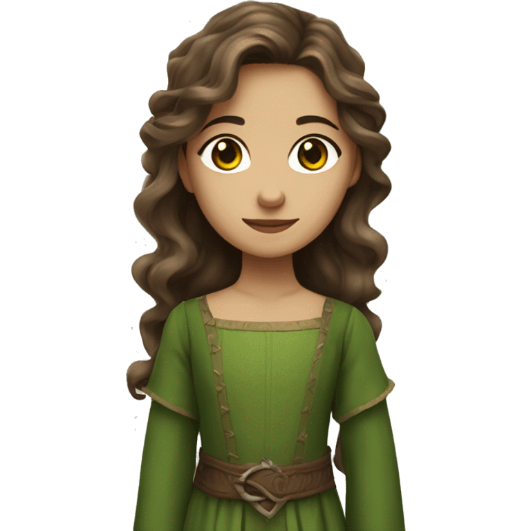 girl with brown long wavy hair, brown eyes, green medieval dress emoji