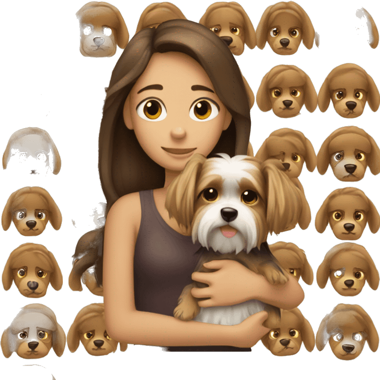 brown hair girl hugs a Yorkshire terrier dog emoji