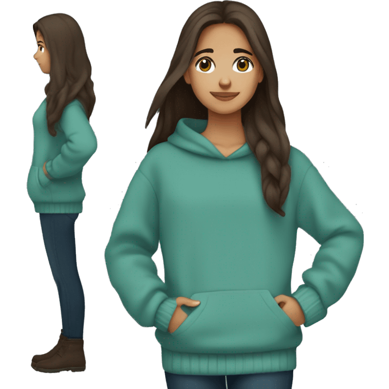 teenage girl, hispanic, long brown hair, brown eyes, teal sweater, winter sweater emoji