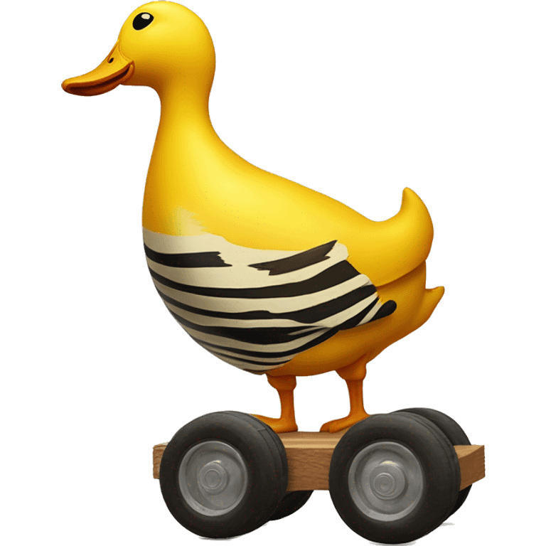 Big Yellow Duck with vertical tiger stripes on wooden wheels like from the book janosh. Point of view from the side 90 degrees emoji