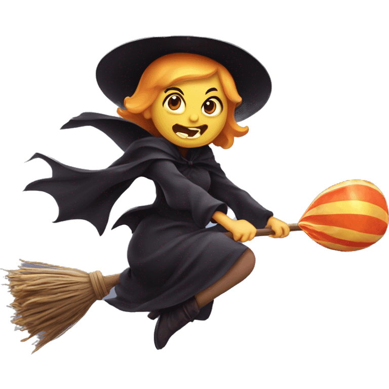 Scarry witch flying on a broom facing right throwing candy. emoji