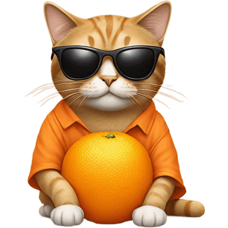 Cat wearing sunglasses sitting on an orange emoji