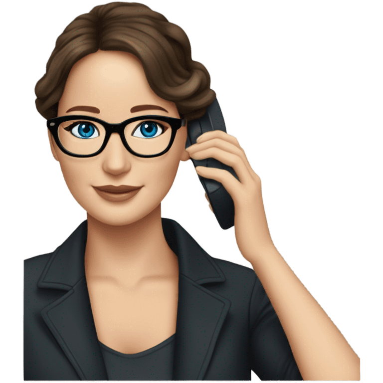 Realistic Photo of Brunette Jennifer Lawrence wearing black glasses and blue eyes talking on the phone  emoji