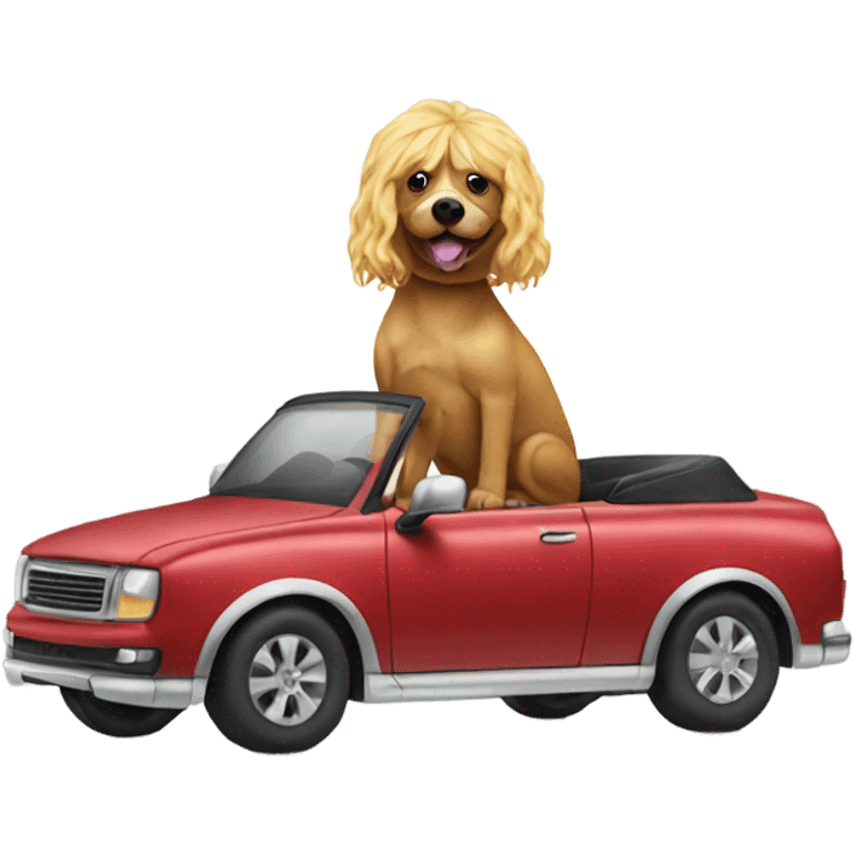 Dog with wig riding a car emoji