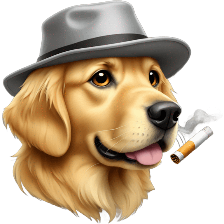 Golden retriever with bucket hat and a chain smoking a cig emoji