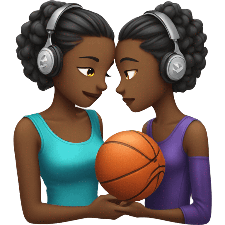 dwo girls kissing, one holds a basket ball and the other has headphones  emoji