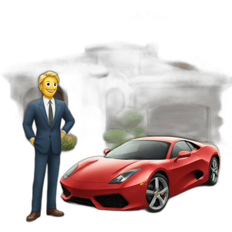 rich man standing near a super car with money emoji