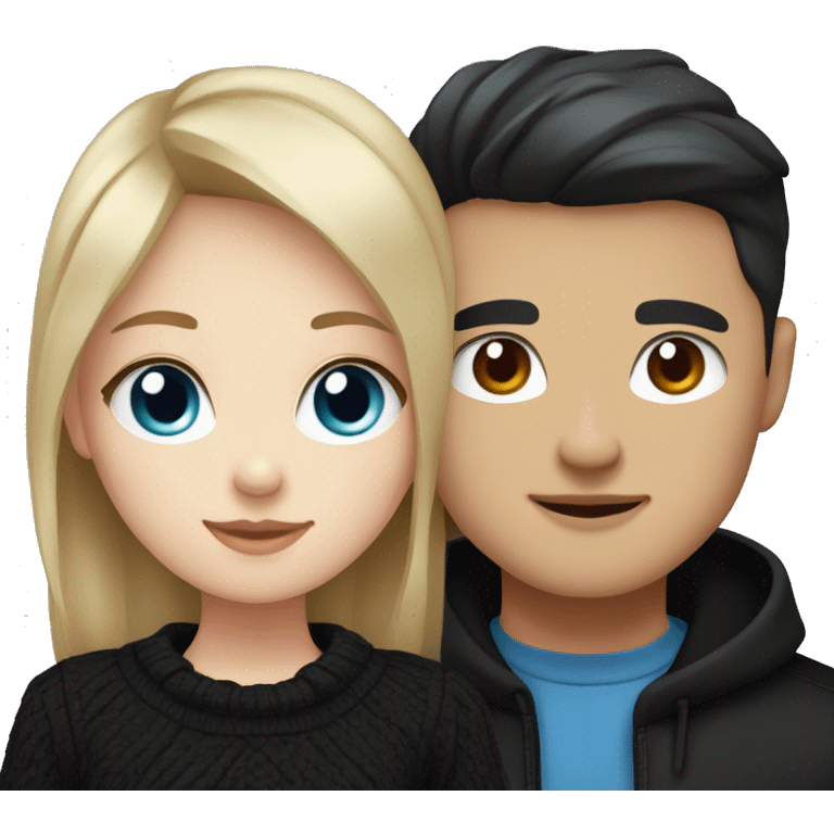 dark Blonde girl with blue eyes in black sweater and an east asian with light skin man with black hair and black eyes hugging emoji