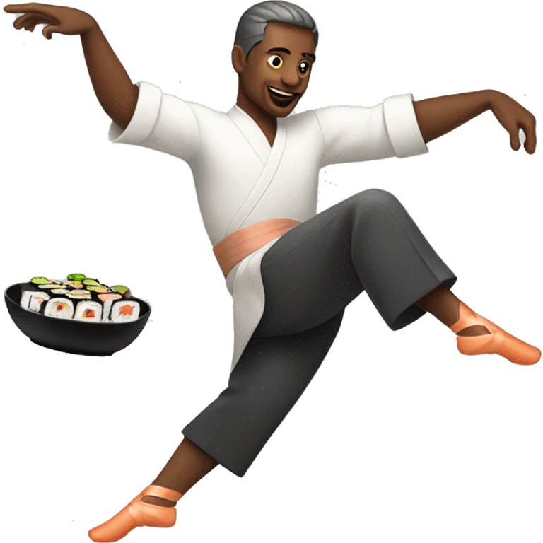 man dancing with pointe shoes and sushi platter in his hands  emoji