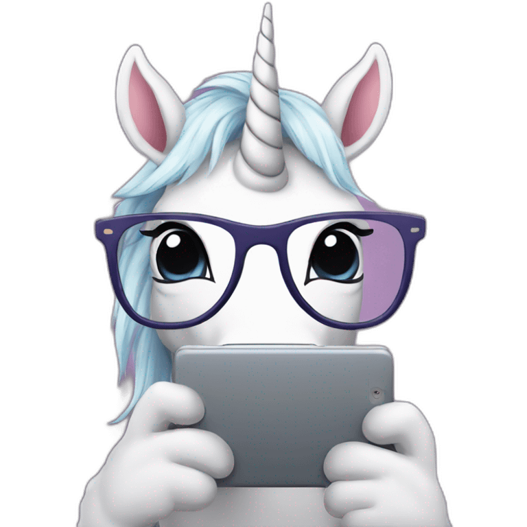 Unicorn with glasses reading a smartphone  emoji