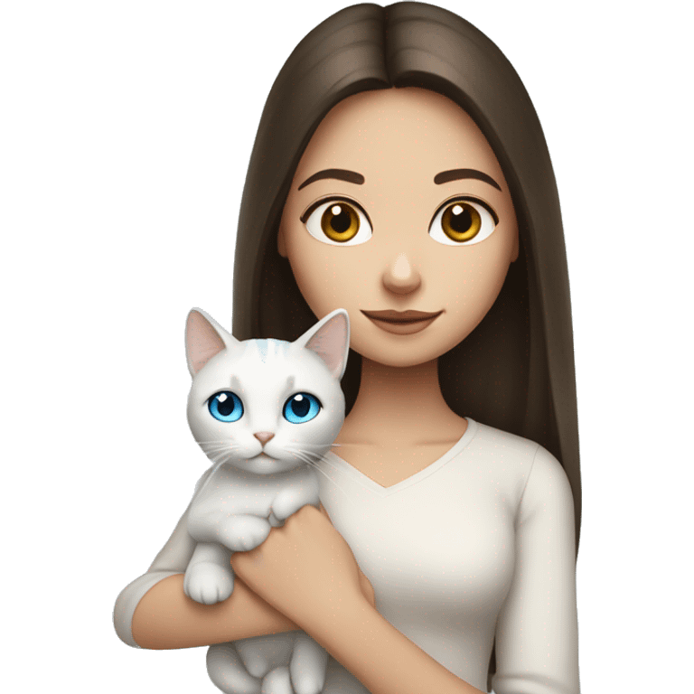 brunette girl with long hair and holding a blue-eyed white cat emoji