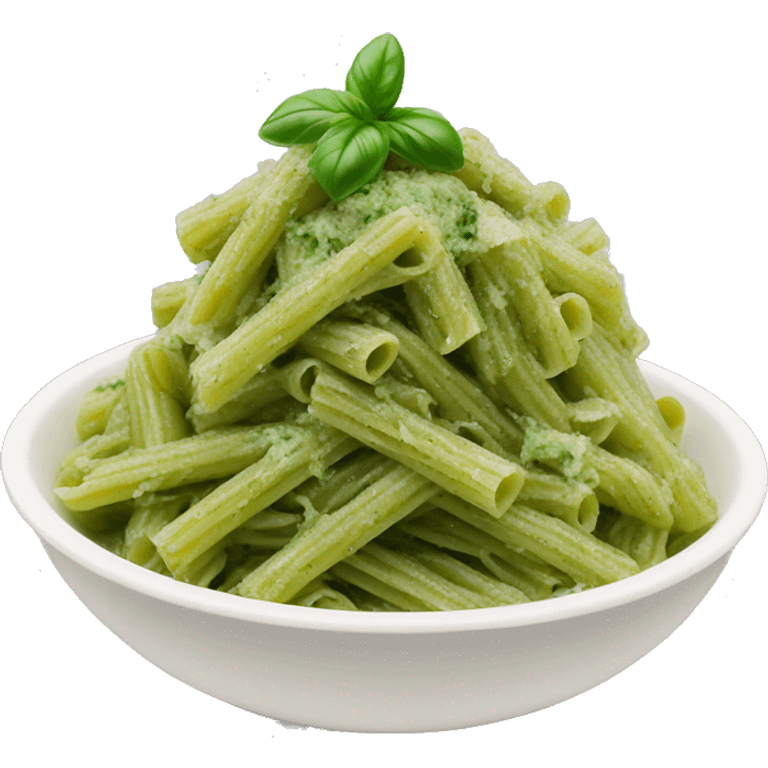 green pasta in a white bowl with pesto on top emoji