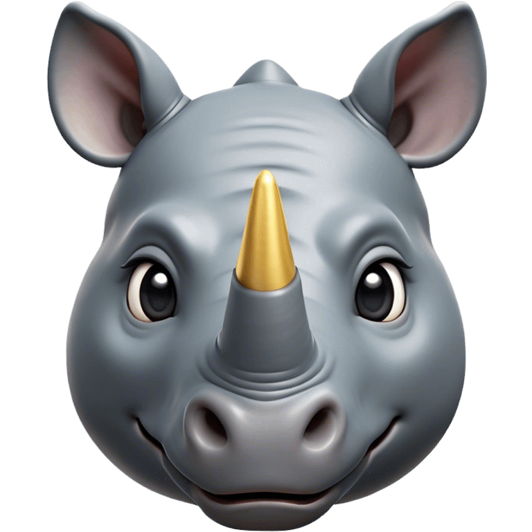 Cinematic Cute Rhinoceros Portrait Emoji, Head tilted playfully and inquisitively, featuring a rugged, glossy slate-gray hide with a gentle, rounded white horn and round, sparkling eyes filled with curious wonder, Simplified yet irresistibly adorable features, highly detailed, glowing with a warm, friendly glow, high shine, affectionate and mighty, stylized with a touch of ancient charm, bright and endearing, soft glowing outline, capturing the essence of a mischievous yet loving rhinoceros, so playful it feels like it could stomp out of the screen and into your arms! emoji