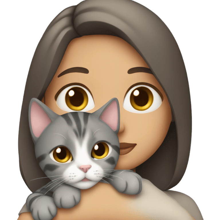 brunette girl snuggling grey tabby cat emoji