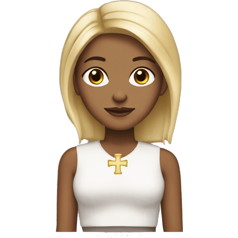 Blonde, short straight hair, brown eyes, wearing cross earrings emoji