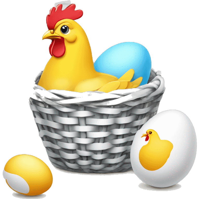 A basket of Easter eggs, next to it lies a cracked egg from which a chicken has hatched. emoji