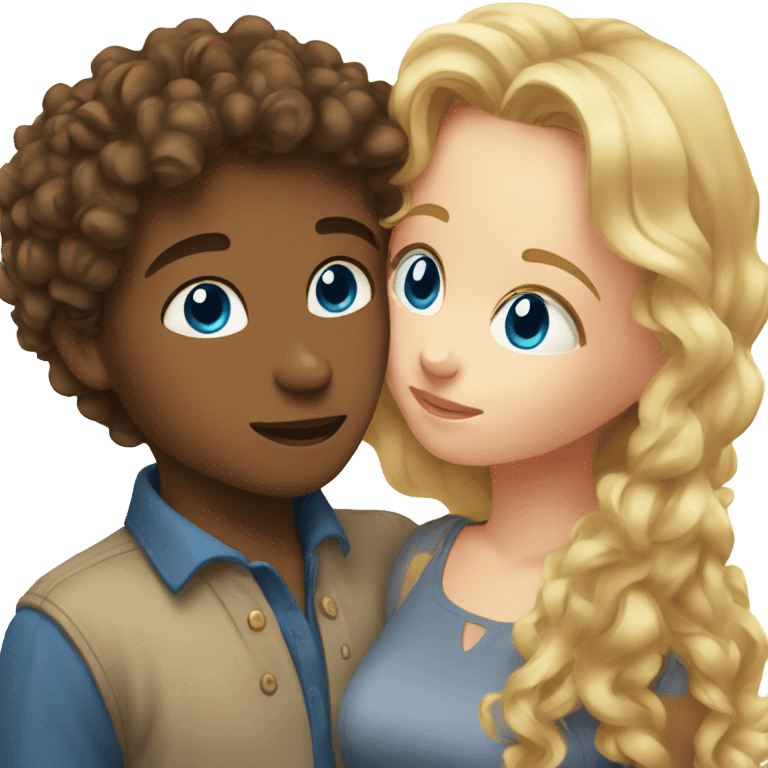 Boy with brown curly hair and blue eyes kissing blond girl  emoji