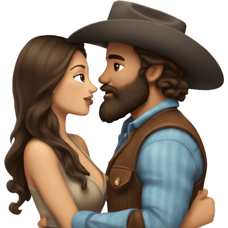 Tall bearded cowboy kissing curvy beautiful brunette  emoji