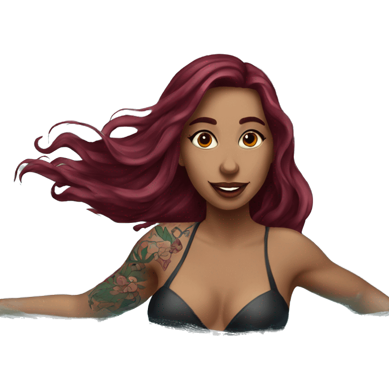 Beautiful tattooed  burgundy long haired woman swimming in a pool emoji