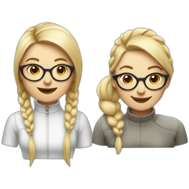 two nordic women designers being jolly, one with a ponytail and the other with medium short hair and glasses emoji