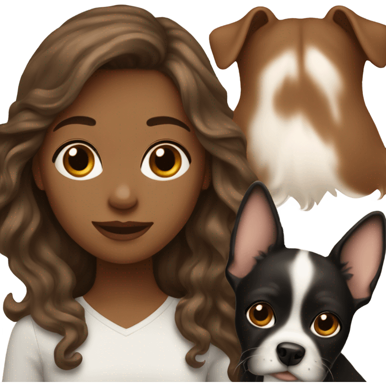 white girl with wavy brown hair holding black dog emoji