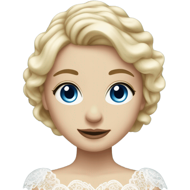 Beautiful blond girl with blue eyes and laced wedding dress from height  emoji