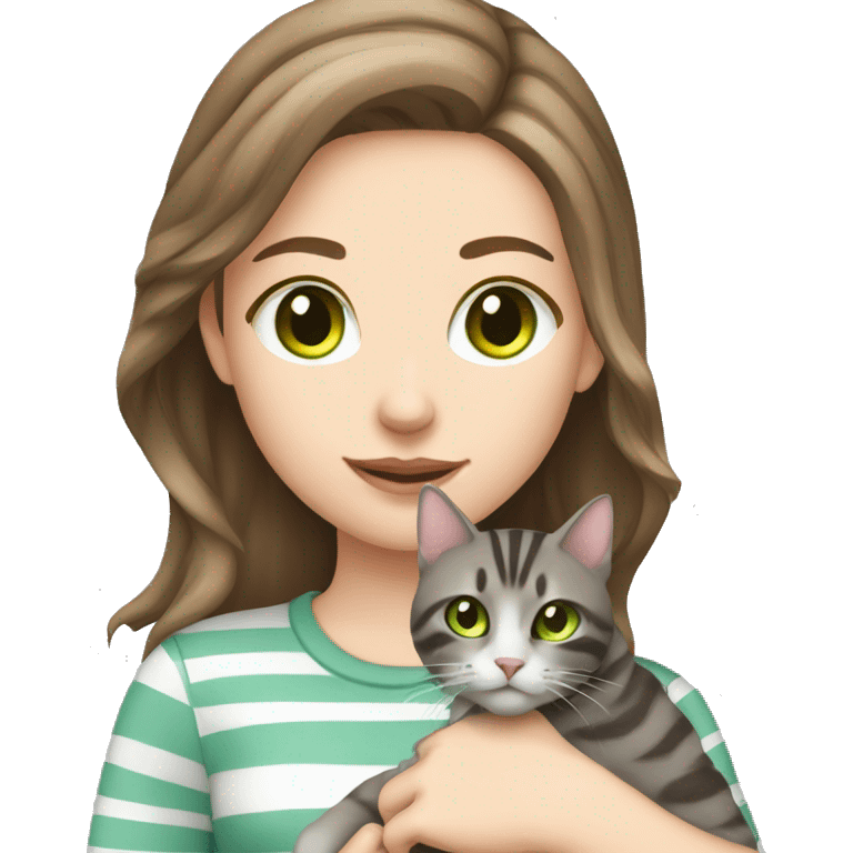 brown hair pale girl with green eyes holding grey tabby striped cat   emoji