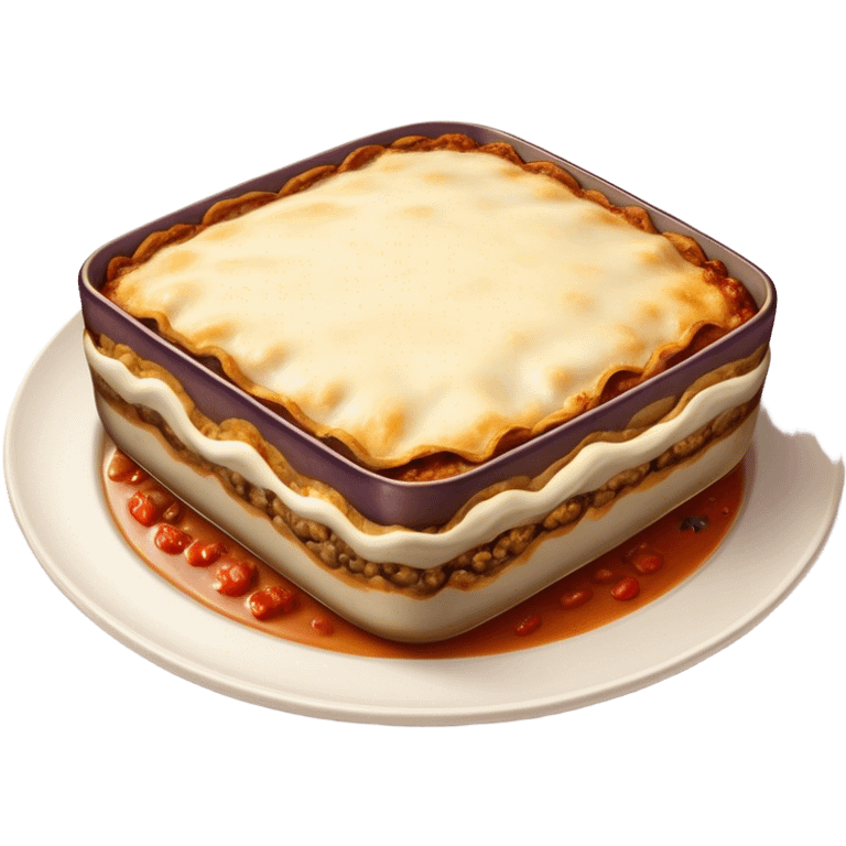 Cinematic Realistic Moussaka Dish Emoji, depicted with layers of eggplant, minced meat, and b√©chamel sauce rendered with rich textures and warm, inviting lighting that captures its Mediterranean flavor. emoji