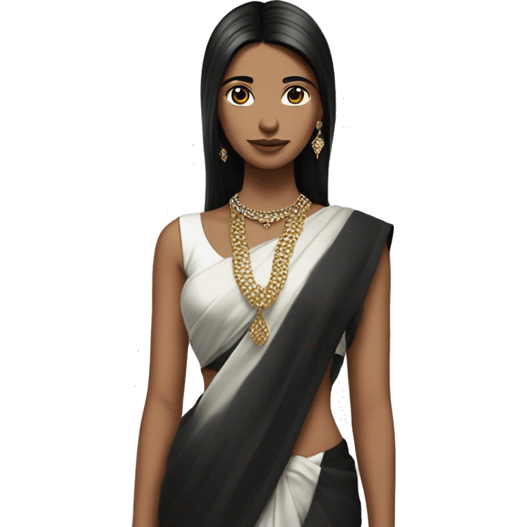 hair straight, black hair, white face colour, slender face, wearing a trendy saree and accessories, full body, sharp jawline, edgy emoji