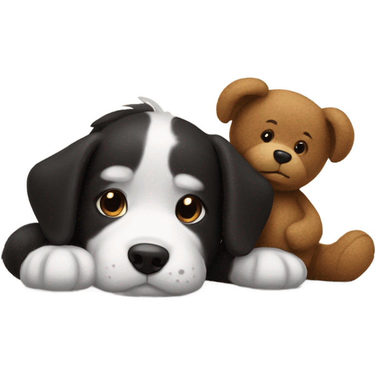 Black and white dog laying next to brown teddy bear emoji