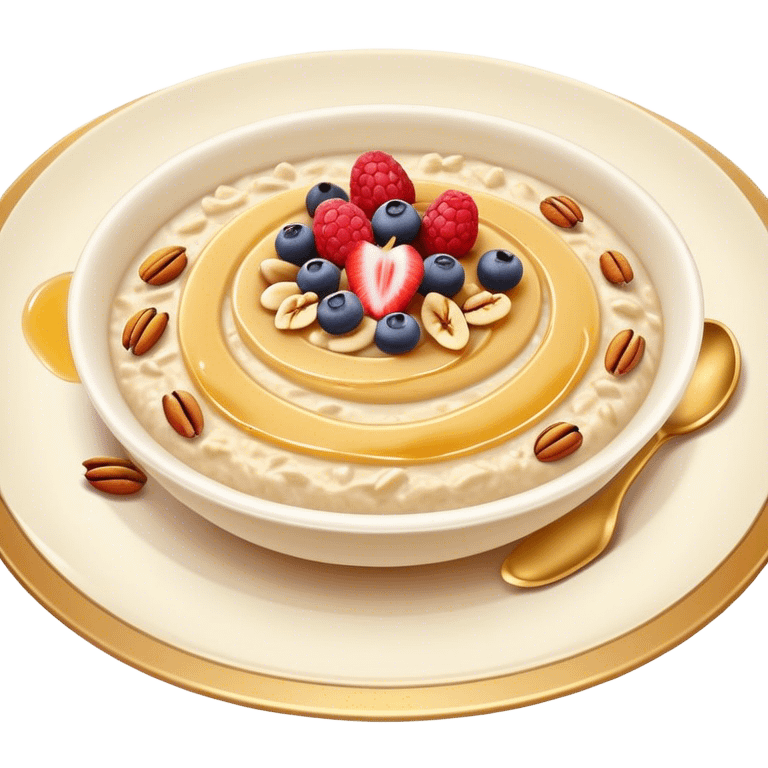 Cinematic creamy oatmeal, smooth texture with a swirl of honey on top, garnished with fresh berries and nuts, warm and comforting, cozy golden tones, rich and delicious. emoji