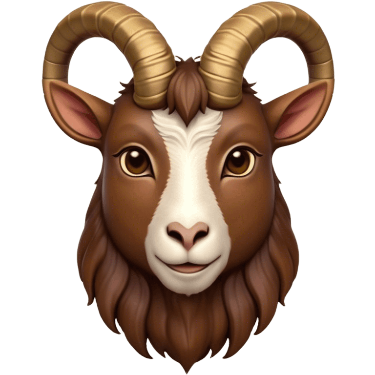 Cinematic Noble Brown Goat Portrait Emoji, Poised and regal, with a sturdy, agile build and a smooth, well-groomed rich brown fur accented by gracefully curved horns, deep-set soulful dark eyes, Simplified yet sharp and sophisticated features, highly detailed, glowing with a warm, dignified glow, high shine, intelligent and spirited, stylized with an air of rustic elegance, focused and attentive, soft glowing outline, capturing the essence of a watchful and confident goat, so majestic it feels as though it could leap out of the screen with effortless authority! emoji