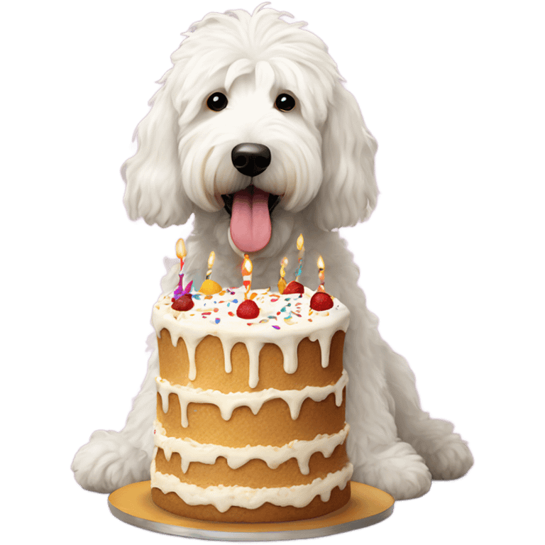 Shaggy large White Goldendoodle eating birthday cake  emoji