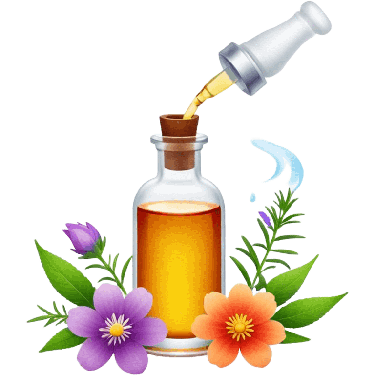 Perfume making icon, delicate glass bottle being filled with colorful essential oils from droppers, swirling mist rising from the bottle, flowers and herbs nearby, minimalistic style, clean lines, transparent background. emoji