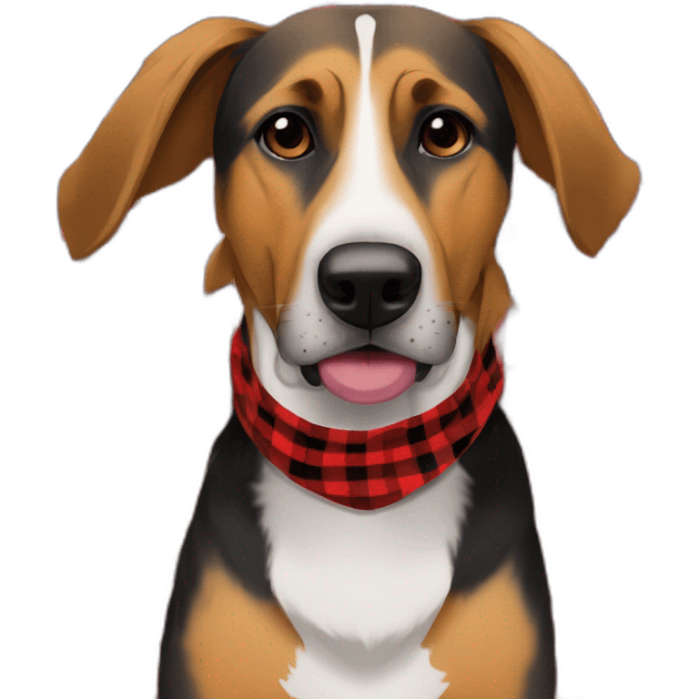 adult 75% Coonhound 25% German Shepherd mix dog wearing small pointed red buffalo plaid bandana emoji