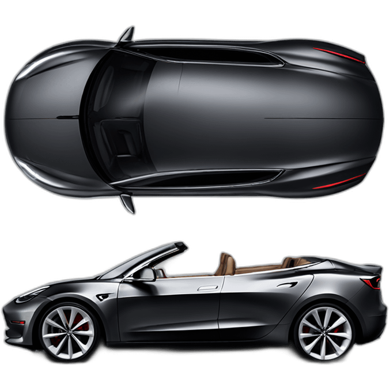 Hyper realistic, open top, black, drak grey upholstery, Tesla Model 3 Performance, left side view emoji