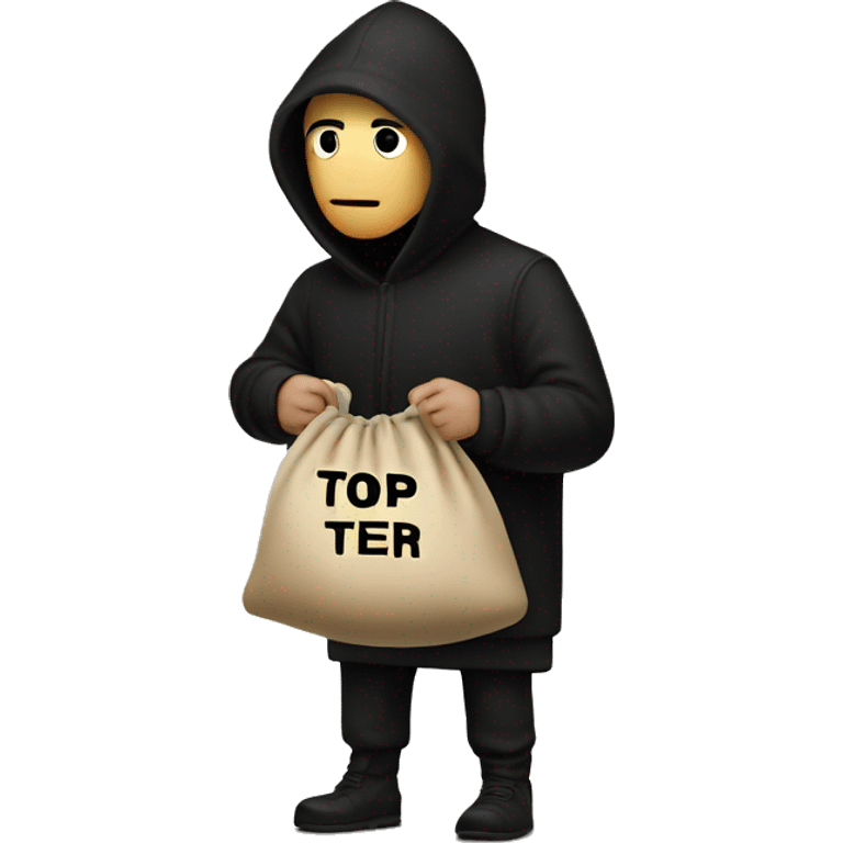 Thief wearing all black clothes actively stealing a beige money bag with the words Top Tier embroidered on it emoji