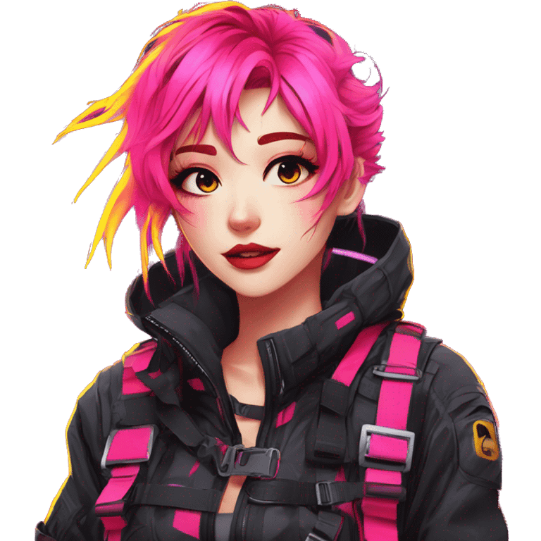 Gorgeous bright colorful neon techwear anime style lady with blushing face aesthetic and pretty edgy black red punk messy hair with collar and harness trending style emoji