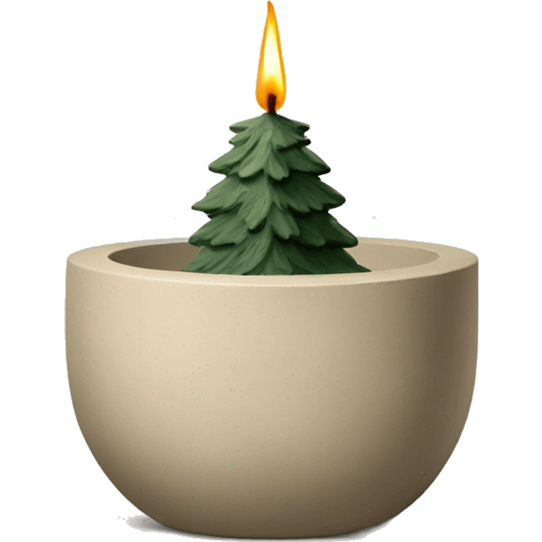 Candle in beige concrete vessel with painted pine trees emoji