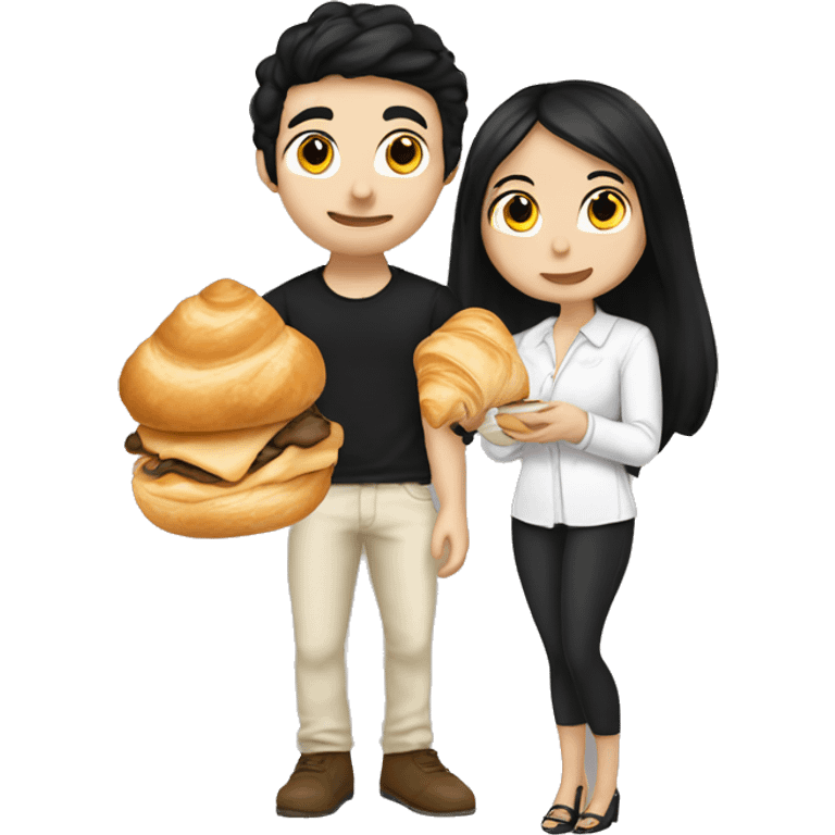 Cute girlfriend black hair and white skin with her boyfriend eating a croissant emoji