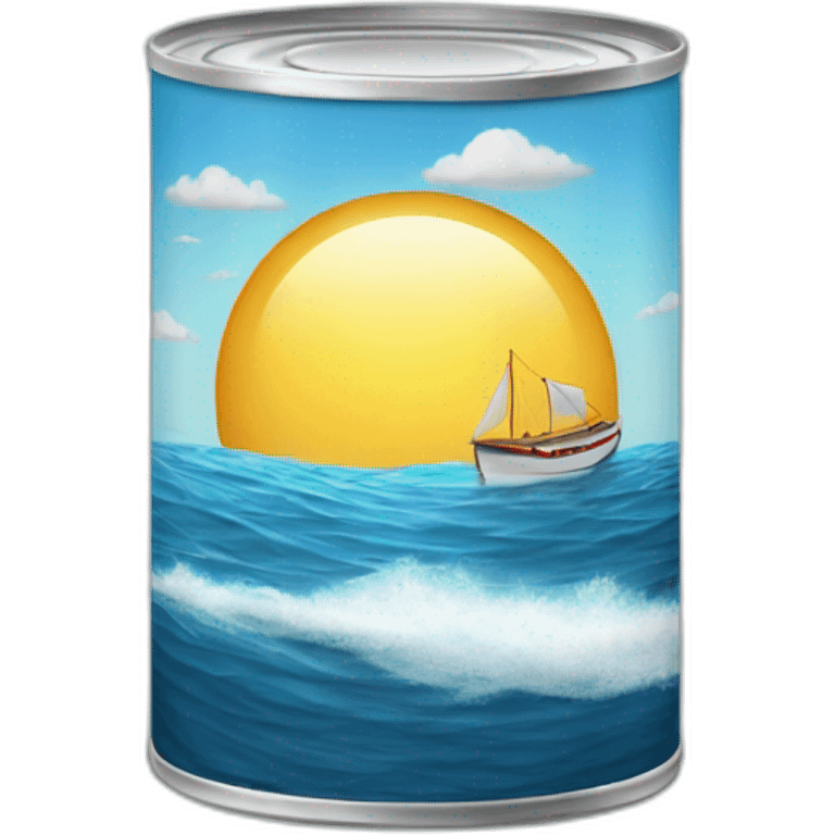 realistic can of tuna fish sowing the shape of a sailling boat on a sea background emoji