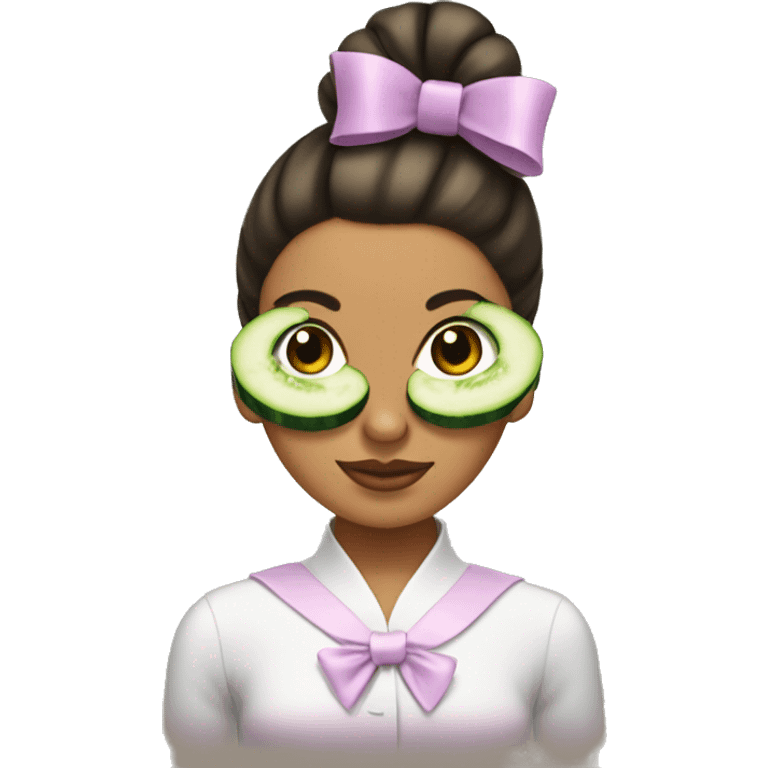 Girl with slick back bun cucumbers over her eyes and a bow emoji