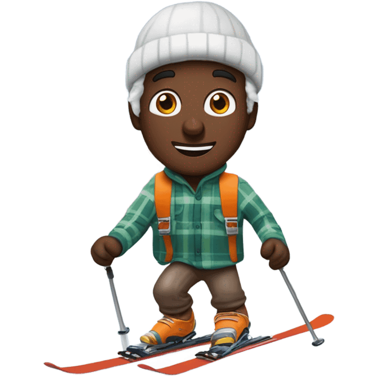 ￼ show me a man wearing an unbutton flannel shirt, snow skiing, downhill holding orange juice and maple syrup while the sky is snowing chocolate eggs emoji