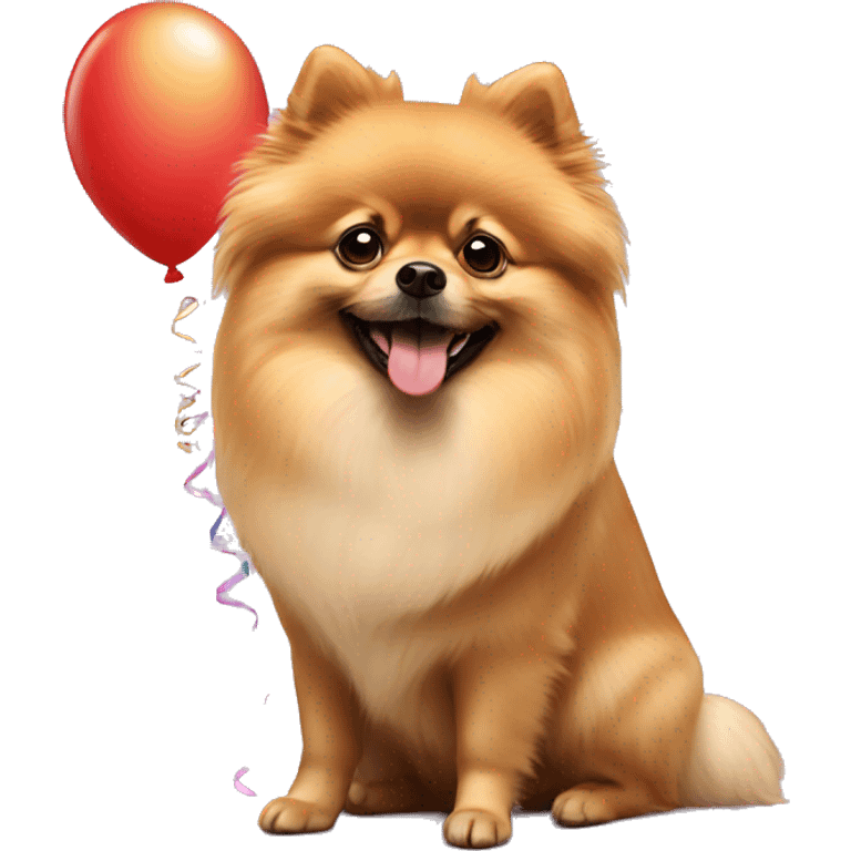 Pomeranian with birthday baloons emoji