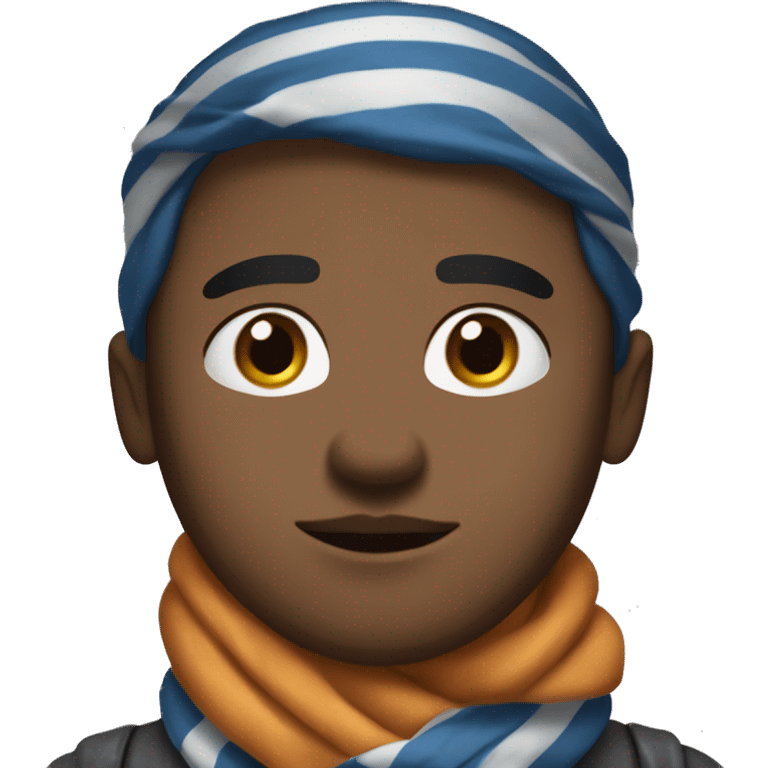 Round-faced character with a serious, slightly annoyed expression, medium brown skin, thick flat eyebrows, full closed lips, and a blue-gray striped neck scarf. Calm but determined vibe. emoji