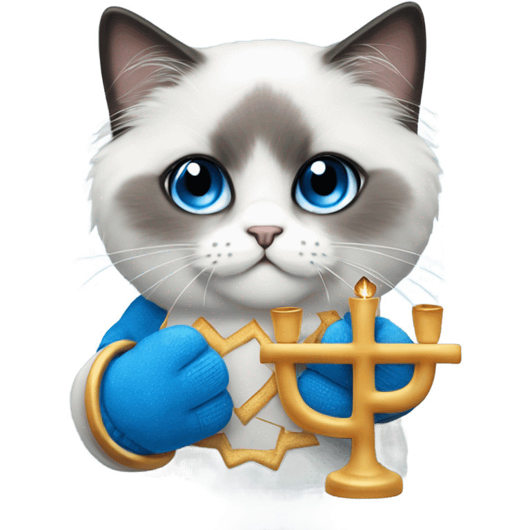 Blue mittens Ragdoll face holding a menorah emoji