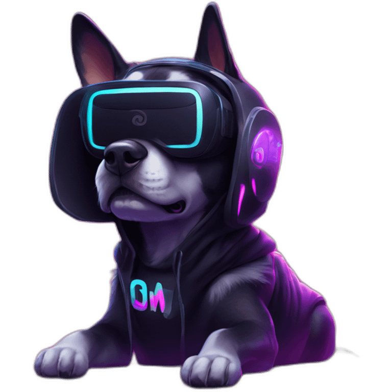 Russian dog wearing a black hoodie with "OMG" letters on it and VR headset in a cyberpunk VR environment with violet neon lighting. emoji