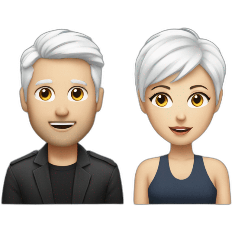 White man with dark hair next to a white woman with very short white hair, podcasting with mics and a MacBook emoji