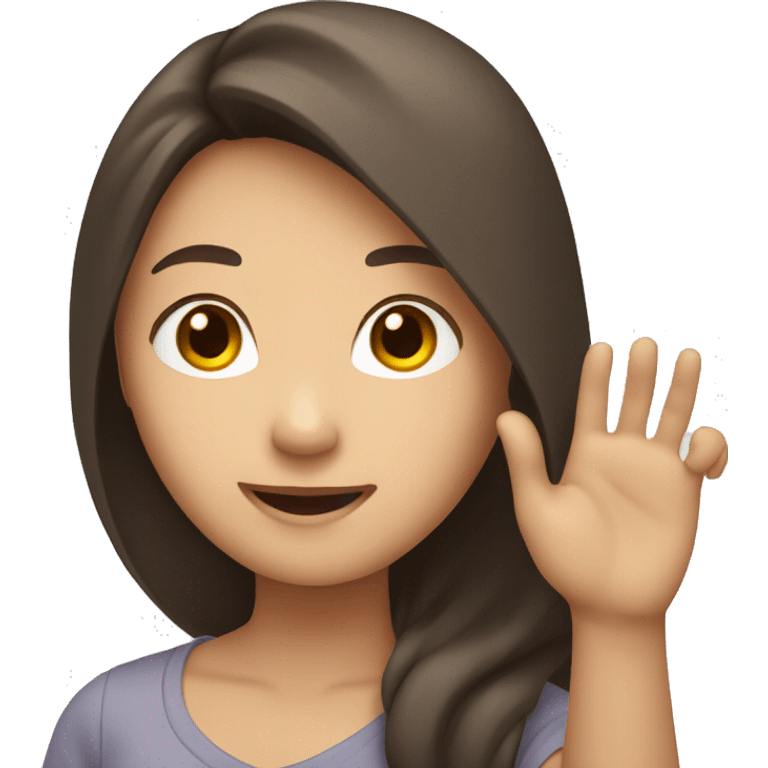 A smiling Asian woman with brown long hair and white skin raising one hand.  emoji